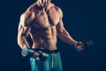 Closeup of a muscular young man lifting dumbbells Royalty Free Stock Photo