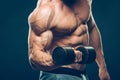 Closeup of a muscular young man lifting dumbbells Royalty Free Stock Photo