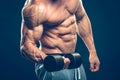 Closeup of a muscular young man lifting dumbbells Royalty Free Stock Photo