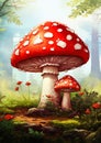 Closeup of a mushroom on the forest floor with trees in the back Royalty Free Stock Photo