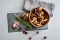 Closeup on mushrooms lingonberries and rosmarinus