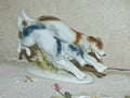 Closeup muzzle greyhounds. Swift Russian greyhounds on the hunt. Retro porcelain figurine of hunting dogs, collection.