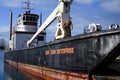 Closeup of MV San Juan Enterprise freight vessel with boat name