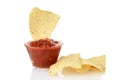 Closeup nacho corn chips with bowl of salsa Royalty Free Stock Photo