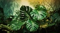 Closeup nature view of tropical green monstera leaf and palms background. Flat lay. Generative AI.