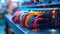 Row of colorful network cables plugged into server with blinking lights Royalty Free Stock Photo