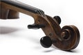 closeup neck scroll old violin white background