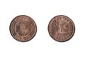 Closeup of Nepal 5 paisa coins on a white background