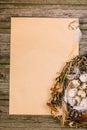 Closeup nest with quail eggs and feather in right side of sheet of paper for text on wood board Royalty Free Stock Photo