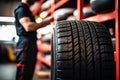 Closeup new car tires for sale at tyre store. Balck rubber car tire with modern tread at auto repair shop. Winter tires at auto Royalty Free Stock Photo
