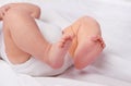 Closeup, newborn baby or feet for relax, bed and nap for healthy childhood, care and development. Bare foot, leg and Royalty Free Stock Photo