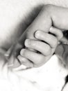 Closeup newborn baby holding his mothers finger