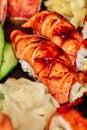 Closeup of nigirizushi with seared salmon and unagi sauce served in sushi set Royalty Free Stock Photo