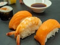 Closeup of Nigirizushi sushi with shrimp and salmon