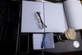 Closeup of notebook, pen, glasses, mobile phone. Royalty Free Stock Photo