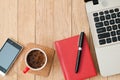 Closeup notepad with pen, cup of coffee, a smartphone and a laptop on a wooden table. Business concept Royalty Free Stock Photo