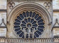 Closeup Of The Notre Dame De Paris Cathedral Facade With The Oldest Rose Window Installed In 1225 Which Forms A Halo Above The