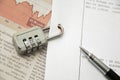 Closeup of number lock on documents Royalty Free Stock Photo