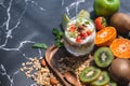 Closeup nutrition yogurt with many fruits on table. Food cuisine and drinks concept. Organic dessert theme Royalty Free Stock Photo