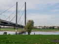 Closeup of the Oberkasseler Bridge over the Rhine river in Dusseldorf, Germany Royalty Free Stock Photo