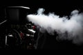 A closeup of a offroad racing cars engine as it spews out an intense amount of smoke. Speed drive concept. AI generation