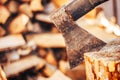 Closeup old ax on firewood background Royalty Free Stock Photo