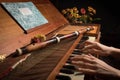 Playing on an old baroque clavichord and wooden traverse flute Royalty Free Stock Photo