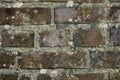 Closeup of an old, faded, dirty brick wall with copyspace. Damaged rough brick wall surface. Old brown bricks with dirt