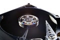 Closeup of an old fashioned, open, mechanical harddisc drive, isolated on a white background Royalty Free Stock Photo