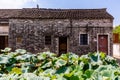 Closeup of an old house by lotus leaves aquatic garden in Zhoumatang village