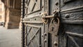 Closeup of old iron door locked with a padlock. Royalty Free Stock Photo