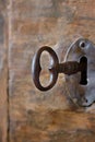 Closeup of an old keyhole with key Royalty Free Stock Photo