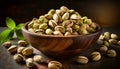 Wooden Bowl Full of Roasted and Salted Pistachios - Generative Ai