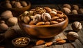 Wooden Bowl Full of Walnuts and Almonds - Generative Ai