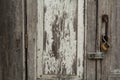 Closeup old pastel wooden door with lock, Vintage Concepts, Retro Concepts Royalty Free Stock Photo