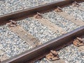 The closeup of an old railway tracks with wood and gravel