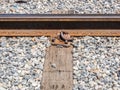 The closeup of an old railway tracks with wood and gravel