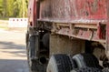 Closeup of old rusty and dirty truck side, paint peeling on car Royalty Free Stock Photo