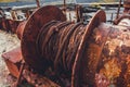 Closeup of old rusty wire rope of ship and metal cable of sea port equipment