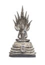 Closeup old silver buddha statue with a naga over his head isolated on white background with clipping path