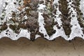 Closeup of old slate mossy roof over a clay wall