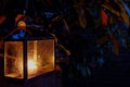 Closeup of an old street lantern glowing in the dark