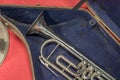 Closeup of old trumpet in durty case Royalty Free Stock Photo