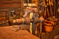 A closeup of an old vise in a workshop. Royalty Free Stock Photo