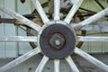 Closeup of an antique wagon wheel on display at the Oscar Farris Agricultural Museum in Nashville Tennessee