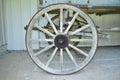 Closeup of an old wagon wheel on display at the Oscar Farris Tennessee Agricultural Museum in Nashville Tennessee