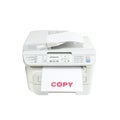 Closeup old white photocopier in the office with red ink copy word at the white paper , office supplies concept isolated on white