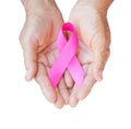 Closeup Old woman hand holding pink ribbon on white background ,