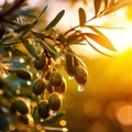 Closeup of olives with dew drops on the branch of olive tree on the sunset. Generative AI Royalty Free Stock Photo