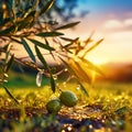 Closeup of olives with dew drops on the branch of olive tree on the sunset. Generative AI Royalty Free Stock Photo